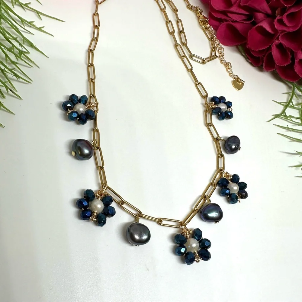 NEW⚜️Freshwater Tahitian Pearl & Crystal Flower Charm Necklace